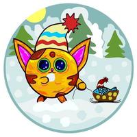 gato na floresta de inverno com um peixe no trenó. ilustração vetorial dos desenhos animados em um círculo. vetor