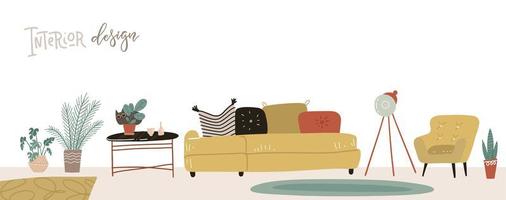 conjunto de móveis para interior escandinavo e acessórios para casa. panorama moderno da sala de estar de meados do século. ilustração em vetor dtawn mão plana.