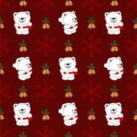 desenho de urso polar fofo no vestido de santa cruz para o padrão perfeito de natal, vetor de personagem de desenho animado animal em fundo vermelho.