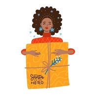 linda mulher afro-americana sorridente carregando caixa de presente de natal. jovem feliz grande presente. personagem de desenho animado feminino comemorando no natal. ilustração vetorial plana vetor