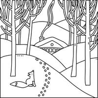 casa de madeira na paisagem de floresta de neve de inverno. página de livro de colorir de contorno preto e branco. doodle mão desenhada ilustração vetorial linear. vetor
