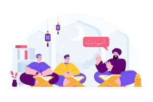 ideia de ilustração vetorial de conceito de ramadan kareem mubarak para modelo de página de destino, família islâmica aprendendo o Alcorão, o livro sagrado, pessoas rezando no mês sagrado, iftar, estilo plano desenhado à mão vetor