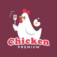 logotipo de frango fofo com uma ilustração legal de um frango vestindo um chef e segurando uma espátula. vetor