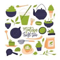 muitos produtos de chá matcha. matcha em pó, mochi, macarons, bule de chá, colher de bambu, folhas de chá etc. conjunto de vetores planos desenhados à mão. ilustração desenhada à mão na moda colorida. todos os elementos são isolados.