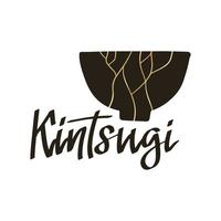 kintsugi - palavra de letras. ilustração em vetor plana estoque de tigela com texto de caligrafia. arte japonesa de reparar.