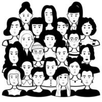 doodle conjunto rosto de pessoas. vinte e um caracteres. contorno vetorial. ilustração em preto e branco vetor
