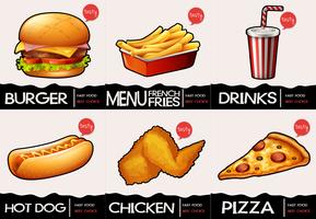 Diferentes tipos de fastfood no menu vetor