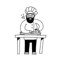 um chef fofo e gentil em um boné cortando legumes em uma tábua de corte. cozinhar ilustração vetorial de personagem masculino.