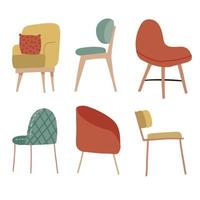 conjunto de cadeiras macias aconchegantes desenhadas à mão. coleção de lugares escandinavos. ilustração vetorial de mão plana desenhada. vetor