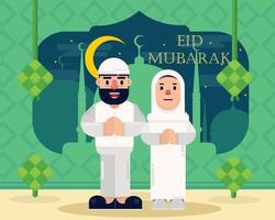 ilustração de saudação eid mubarak. personagem de desenho animado saudando e desejando vetor