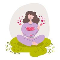 mulher sorridente, abraçando-se. ame a si mesmo, autocuidado, cuidados com o corpo, autoaceitação, conceito positivo do corpo. ilustração de estilo de desenho animado plano vetorial desenhado à mão vetor