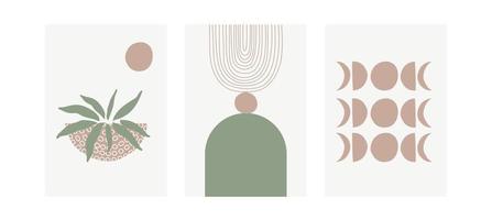 conjunto de três cartazes pastel com folhagem, arco-íris e formas abstratas, ilustração vetorial. impressão de arte minimalista de folhas e plantas nórdicas. design de abstração para plano de fundo, papel de parede, cartão, arte de parede vetor