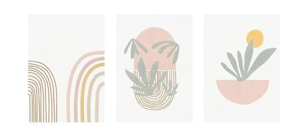 conjunto de três cartazes pastel com folhagem, arco-íris e formas abstratas, ilustração vetorial. impressão de arte minimalista de folhas e plantas nórdicas. design de abstração para plano de fundo, papel de parede, cartão, arte de parede vetor