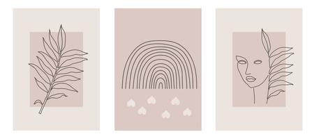 conjunto de três cartazes minimalistas abstratos com rosto de mulher, folhas e arco-íris. coleção de impressões de arte contemporânea, ilustração vetorial. design de abstração para plano de fundo, papel de parede, cartão, arte de parede vetor