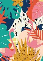 flores tropicais e folhas de fundo de cartaz com flamingos. design de ilustração vetorial de verão colorido. impressão de arte tropical exótica para viagens e férias, tecido e moda vetor