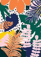 colorido tropical deixa ilustração vetorial de fundo de cartaz. plantas exóticas, galhos, flores e folhas impressão artística para produtos de beleza e naturais, spa e bem-estar, tecidos e moda vetor
