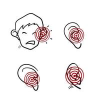 ícone de dor de ouvido desenhado à mão, dor de ouvido, ilustração de inflamação no vetor de estilo doodle