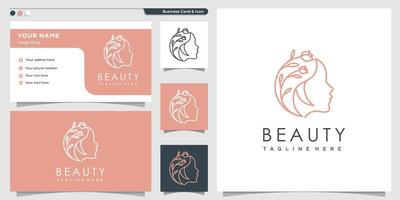 logotipo de beleza com estilo de arte de linha de flores e design de cartão de visita, modelo, logotipo, mulher, vetor premium