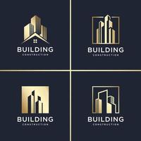 conjunto de logotipo abstrato de construção, dourado, moderno, conceito, gradiente, imobiliário, vetor premium