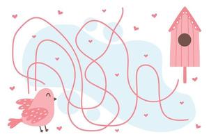 labirinto infantil fofo com um pássaro e uma casa de passarinho. quebra-cabeça infantil com um pássaro nas cores rosa. ajudar o pássaro a chegar à casa. ilustração vetorial em estilo cartoon. vetor