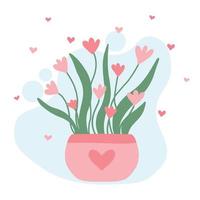 lindo vaso de flores rosa. ilustração de primavera de flores em uma panela. ilustração vetorial mão desenhada. vetor