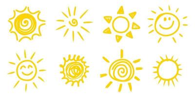 conjunto de sol doodle. elementos de design. ilustração vetorial. vetor