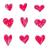 conjunto de corações doodle isolados no fundo branco. mão desenhada de ícone de amor. ilustração vetorial. vetor