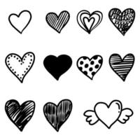 conjunto de corações doodle isolados no fundo branco. mão desenhada de ícone de amor. ilustração vetorial. vetor