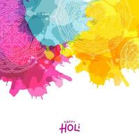 respingo colorido com fundo decorado de design de mandala para festival indiano de cores, letras de celebração de holi feliz. vetor