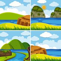 Quatro cenas de rio e lago no tempo do dia vetor