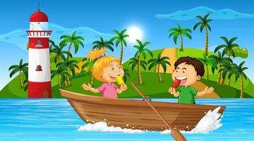 cenário de praia com crianças em barco de madeira vetor