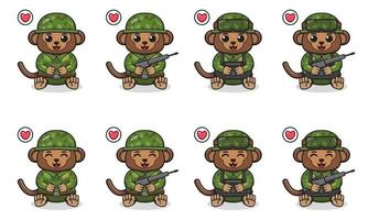 ilustração em vetor de desenho animado de macaco sentado bonito com fantasia de soldado.