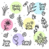 primavera conjunto com flores, ervas, caracóis e abelhas vetor