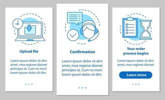tela de página de aplicativo móvel de integração de suporte ao cliente com conceitos lineares. upload de arquivo, confirmação, processamento de pedidos. instruções de etapas de serviço digital. ux, ui, modelo de vetor gui com ilustrações