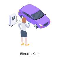 veículo carregável, ícone isométrico de carro elétrico vetor