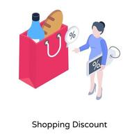 sacola de compras com distintivo de desconto, ilustração isométrica de desconto de compras vetor