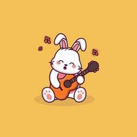 desenho de coelho fofo segurando guitarra e cantando com fundo de ilustração de dia de páscoa vetor