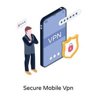 uma ilustração de vpn móvel seguro, pessoa de design isométrico, ilustração, vetor, isométrico, avatar, vpn, segurança, celular, telefone, macho, escudo, vetor