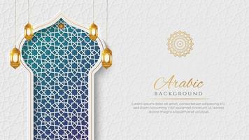 fundo de arco islâmico de luxo branco e azul com padrão de ornamento decorativo vetor