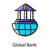 ícone desenhado à mão do banco global em vetor editável