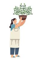 mulher jardineira levantando planta de casa vetor