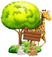 Placa de madeira com girafa e coelhos vetor