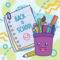 cartaz colorido de volta à escola vetor de personagem de caneca de material escolar feliz