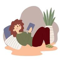 mulher relaxada lendo um vetor de estilo de vida livro hygge