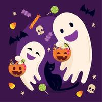 par de imagem colorida de halloween de fantasma feliz com doces vetor