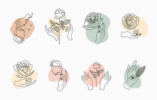 coleção de elementos de contorno de flor e mão em estilo simples vetor