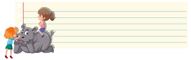 Meninas e hipopótamo no modelo de nota vetor