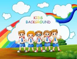 feliz menina e menino em uniforme escolar com fundo de arco-íris vetor