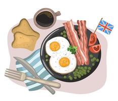 café da manhã inglês nacional de ovos mexidos com bacon, torradas e café. ilustração vetorial em estilo cartoon pode ser usada para menus, receitas, aplicativos vetor