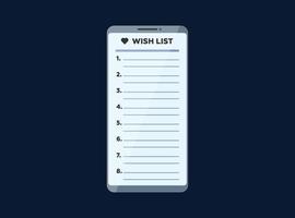 smartphone com aplicativo de lista de desejos na tela de exibição. ilustração de aplicativo de telefone móvel de lista de desejos on-line em vetor. design de eps de formulário vazio de interface de telefone de usuário vetor